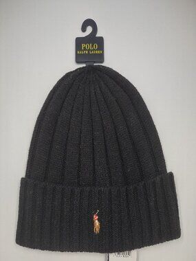 NWT Polo Ralph Lauren black wool blend beanie cap sweater hat One Size OSFA